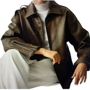 Commense Distressed Faux Leather Double Pockets Jacket